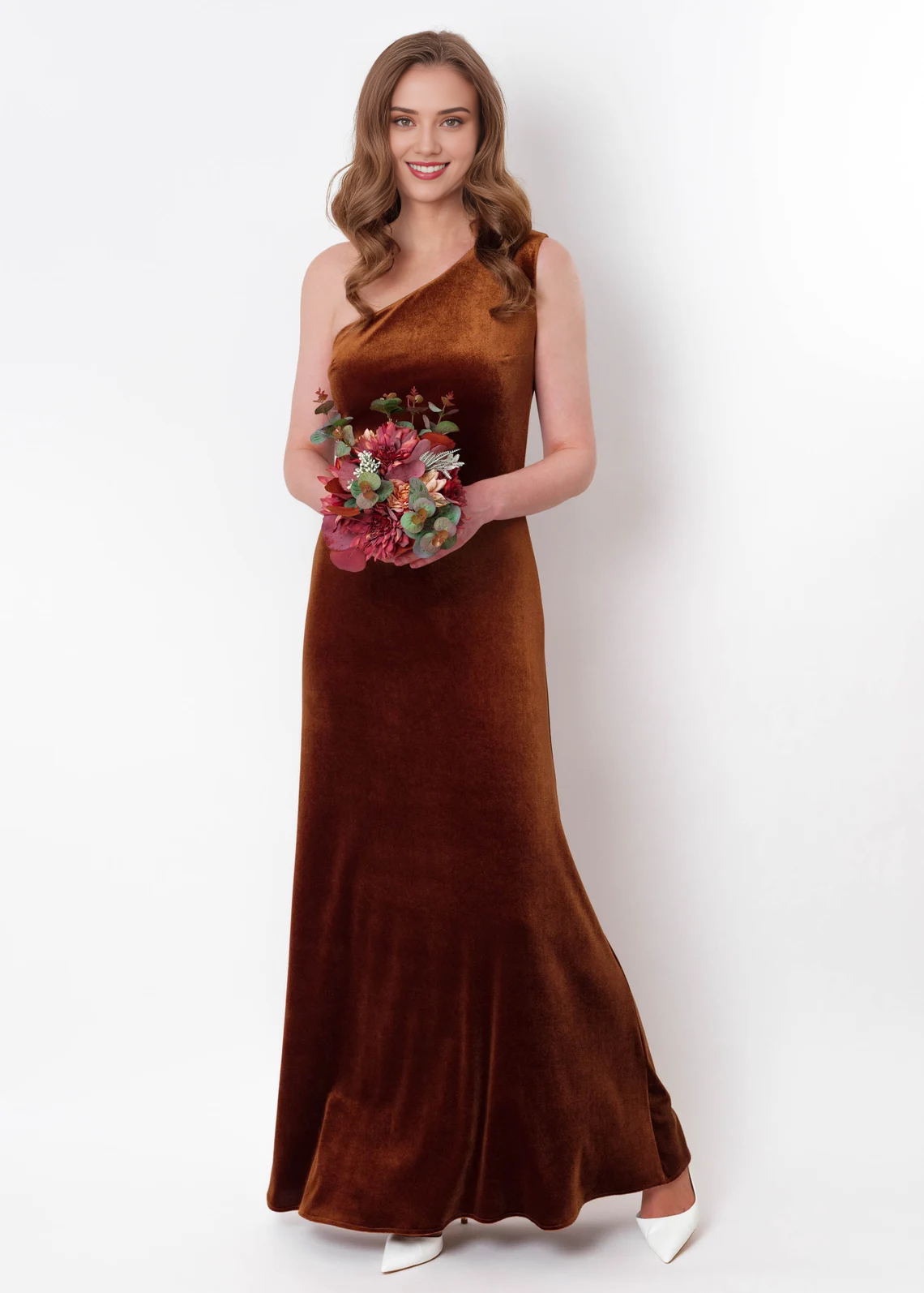 Vestido largo de terciopelo dorado óxido, sin mangas, con un hombro al descubierto, con aberturas, para dama de honor, para invitada de boda y de noche.